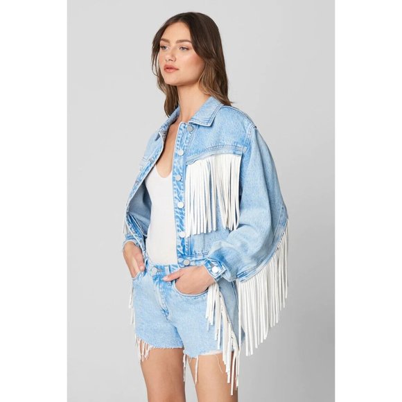 BlankNYC Jacket Nice Try Blue Denim White Fringe Button - Picture 2 of 14